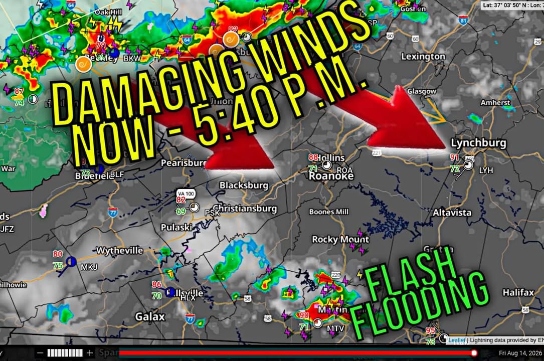 3:40 p.m. FRIDAY - ⚠️ DAMAGING WINDS INCOMING NOW TO 5:40 P.M. (to ROANOKE AREA) ⚠️ The...