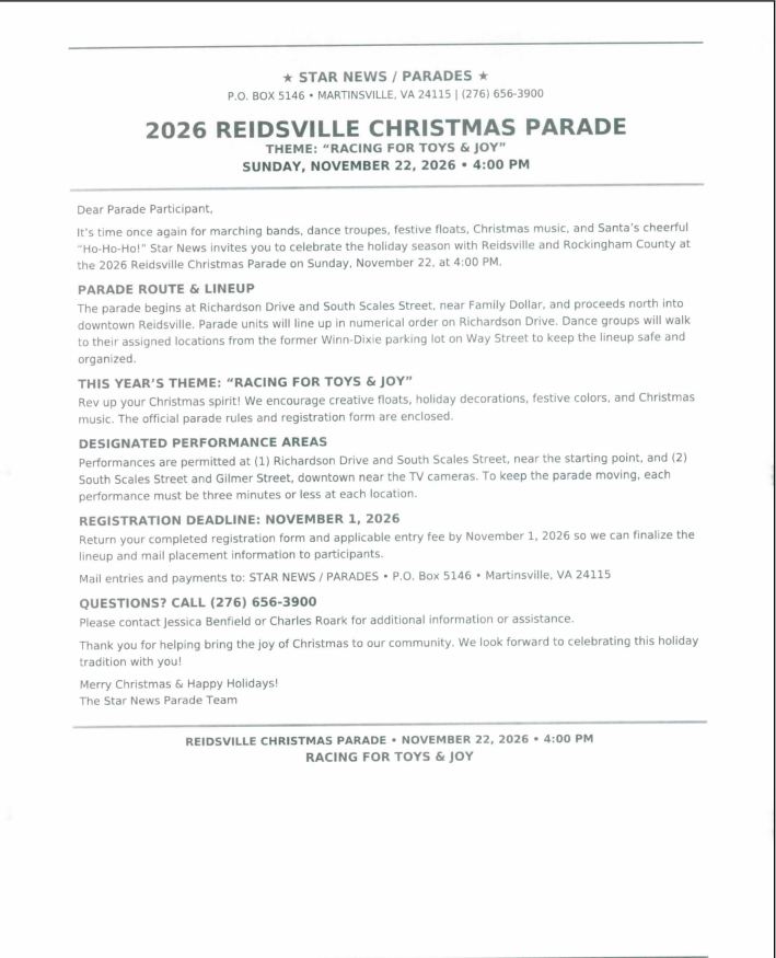 Reidsville Christmas Parade 2026 forms are now available.